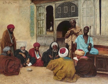 Árabe Painting - Fuera de un café Ludwig Deutsch Orientalismo Araber